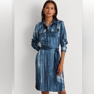 Lauren Ralph Lauren Tie-Dye Print Satin Shirtdress Blue and White Size 10